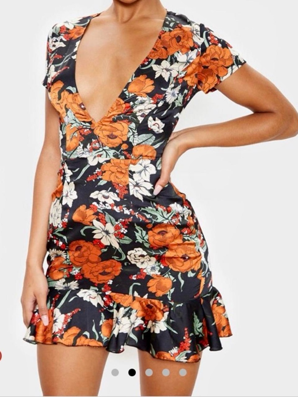 PrettyLittleThing Black Mini Dress with Orange & White Floral Print